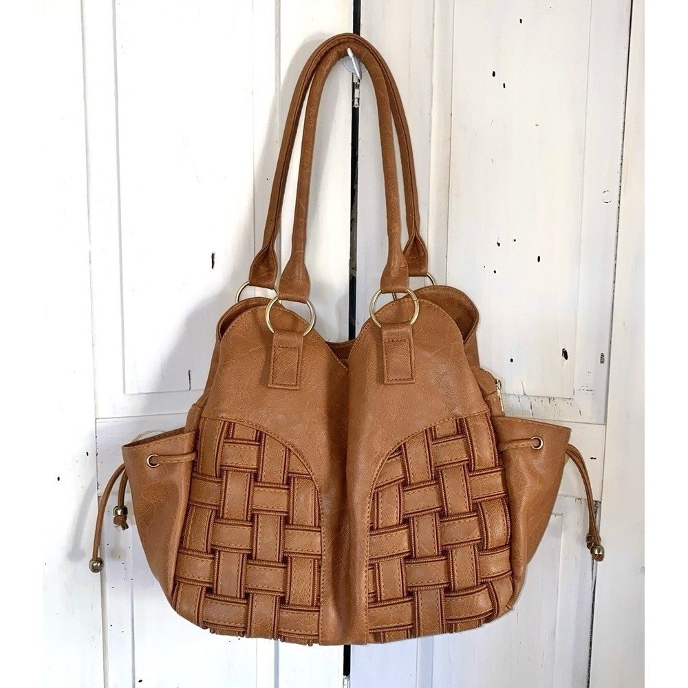 Lattice Design Vegan Leather Shoulder Bag Cognac Tons Of Pockets Zippers
